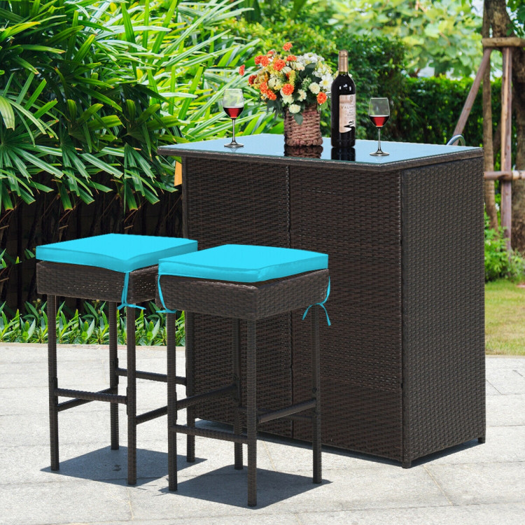 3PCS Patio Rattan Wicker Bar Table Stools Dining Set-TurquoiseCostway Gallery View 2 of 12