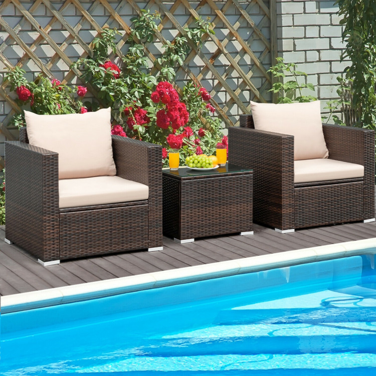 3 Pcs Patio Conversation Rattan Furniture Set with Cushion-BeigeCostway Gallery View 1 of 12