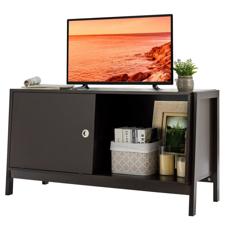 TV Stand Modern Entertainment Cabinet with Sliding Doors-Dark BrownCostway Gallery View 3 of 10