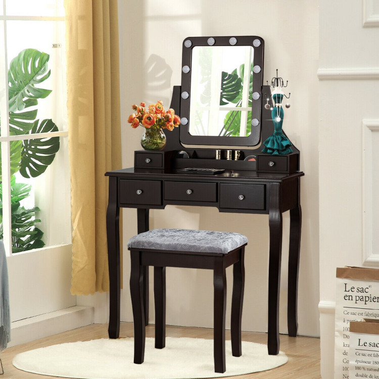 Vanity Dressing Table Set with 10 Dimmable Bulbs and Cushioned Stool-BrownCostway Gallery View 1 of 12