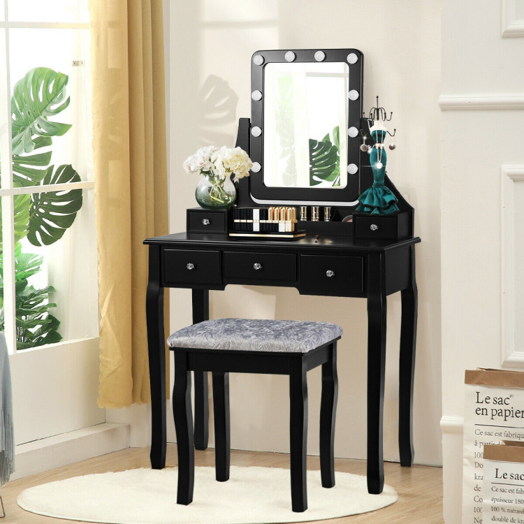 Vanity Dressing Table Set with 10 Dimmable Bulbs and Cushioned Stool-BlackCostway Gallery View 1 of 11