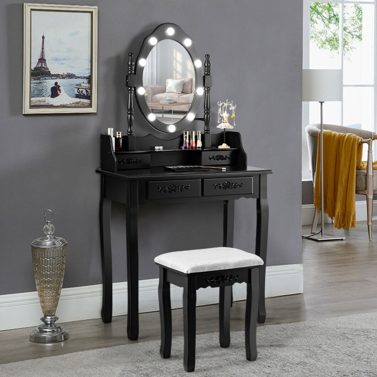 Makeup Vanity Dressing Table Set with Dimmable Bulbs Cushioned Stool-BlackCostway Gallery View 1 of 12