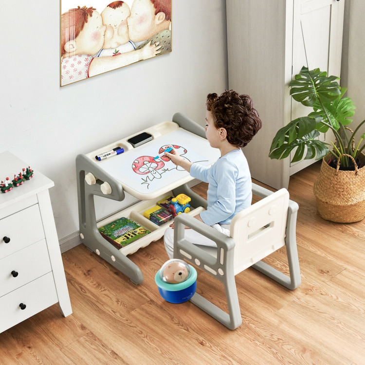 2 in 1 Kids Easel Table and Chair Set  with Adjustable Art Painting BoardCostway Gallery View 1 of 12