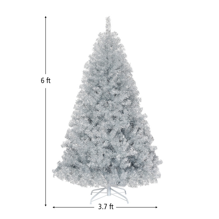 6 Feet Hinged Unlit Artificial Silver Tinsel Christmas Tree with Metal StandCostway Gallery View 4 of 10