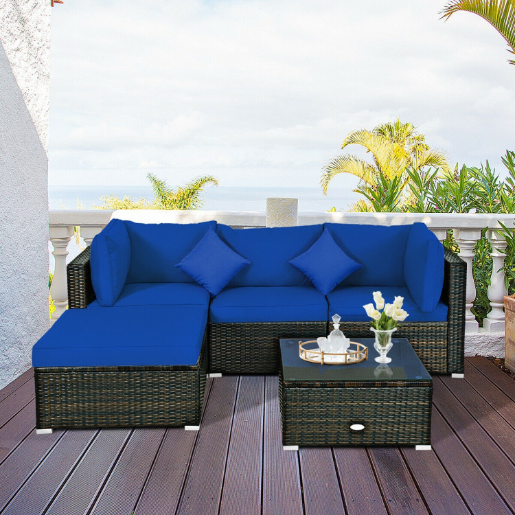 5 Pcs Outdoor Patio Rattan Furniture Set Sectional Conversation with Navy Cushions-NavyCostway Gallery View 6 of 12