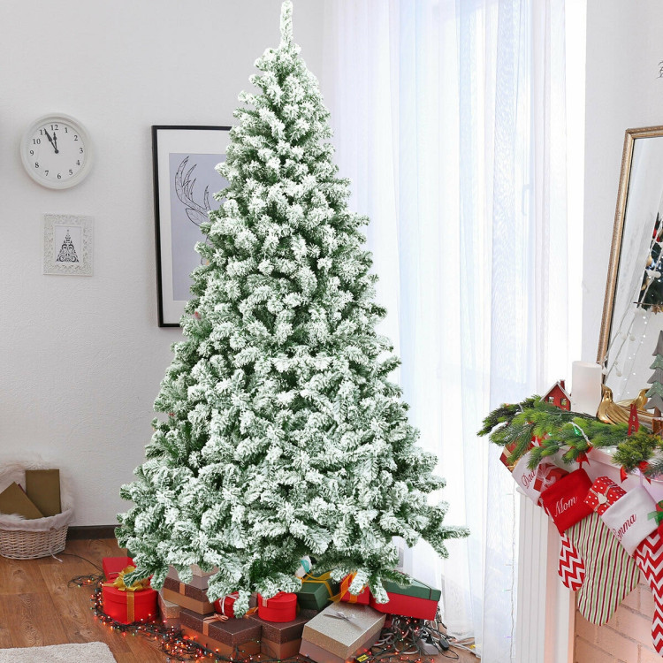 7.5 Feet Snow Flocked Artificial Christmas Tree Hinged with 1346 Tip and Foldable BaseCostway Gallery View 3 of 10