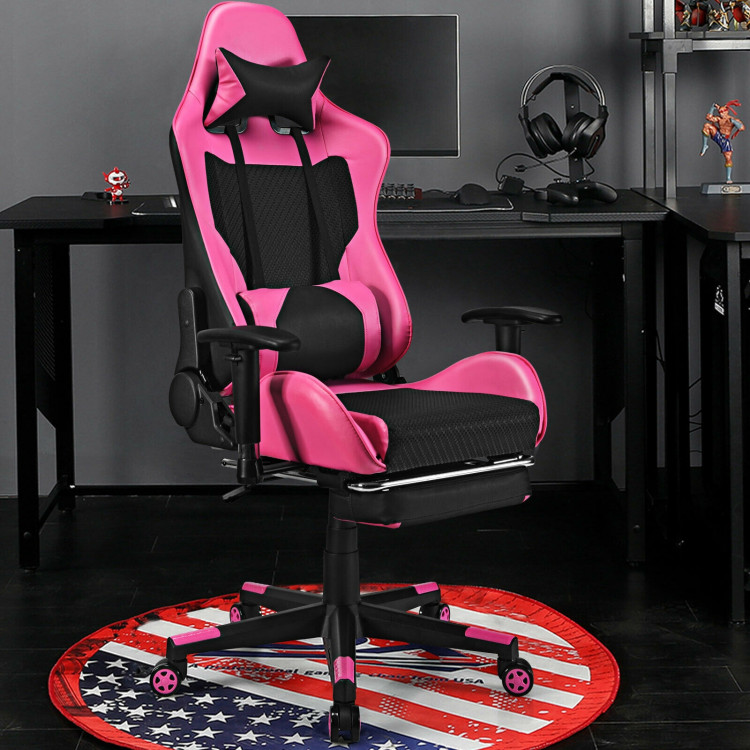 PU Leather Gaming Chair with USB Massage Lumbar Pillow and Footrest -PinkCostway Gallery View 6 of 12