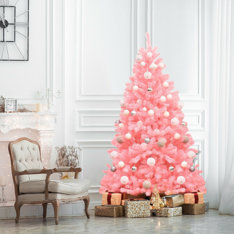 6 Feet Pink Artificial Hinged Spruce Full Christmas Tree with Foldable Metal StandCostway Gallery View 6 of 12
