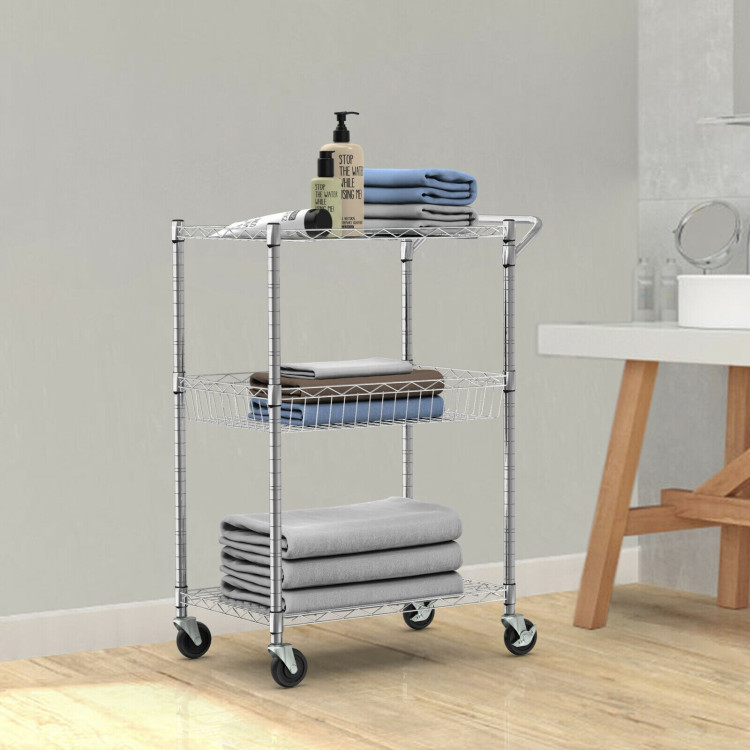 3-Tier Rolling Utility Cart with Handle Bar and Adjustable ShelvesCostway Gallery View 2 of 12