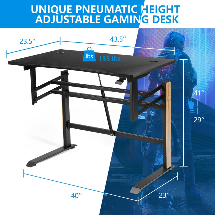 Pneumatic Height Adjustable Gaming Desk T Shaped Game Station with Power Strip Tray-BlackCostway Gallery View 7 of 12