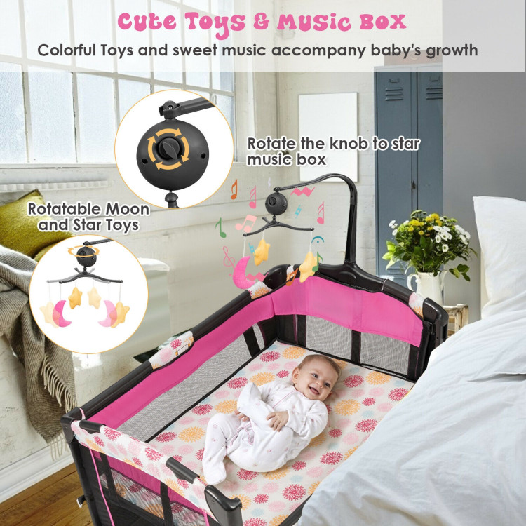 3-in-1 Convertible Portable Baby Playard with Music Box and Wheel and Brakes-PinkCostway Gallery View 2 of 8