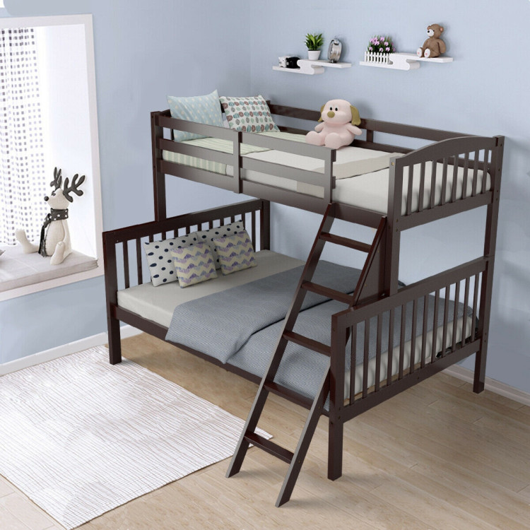 Twin over Full Bunk Bed Rubber Wood Convertible with Ladder Guardrail-EspressoCostway Gallery View 7 of 12
