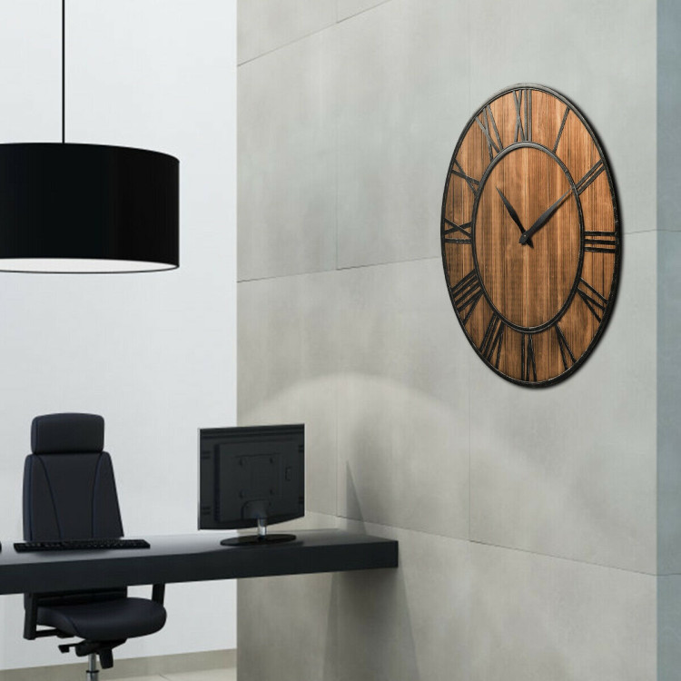 30 Inch Round Wall Clock Decorative Wooden Silent Clock with BatteryCostway Gallery View 8 of 13