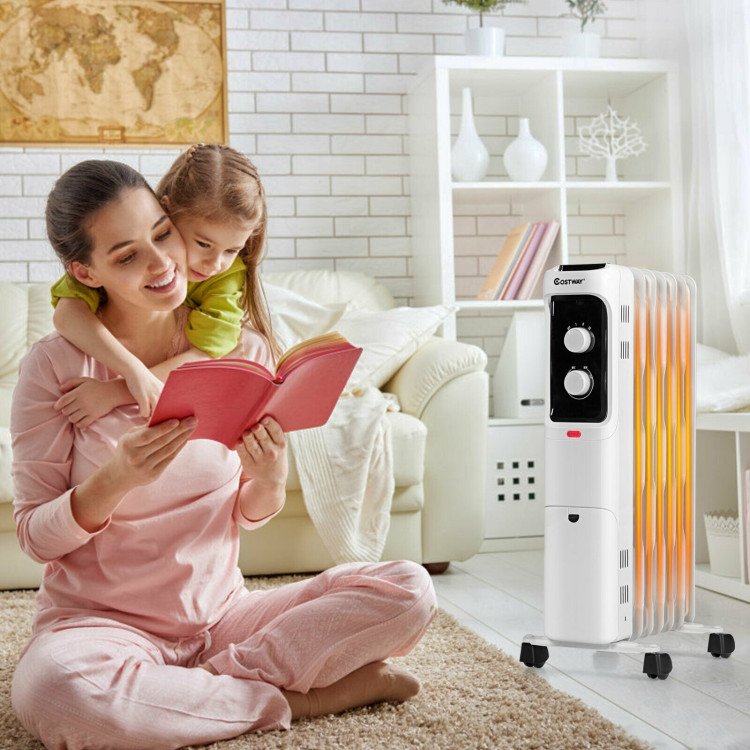 1500W Oil Filled Portable Radiator Space Heater with Adjustable Thermostat-WhiteCostway Gallery View 7 of 9
