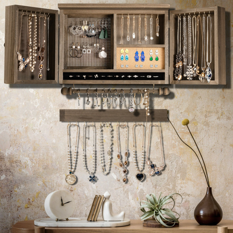 Vintage Wood Wall Mounted Jewelry Organizer with Barn Door-BrownCostway Gallery View 1 of 11