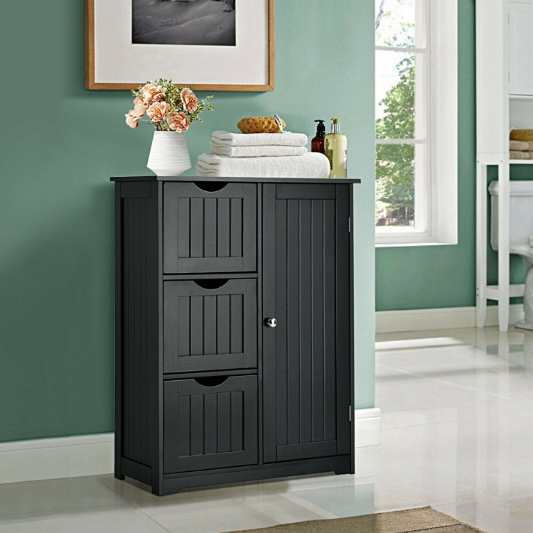 Bathroom Floor Cabinet Side Storage Cabinet with 3 Drawers and 1 Cupboard-BlackCostway Gallery View 2 of 12