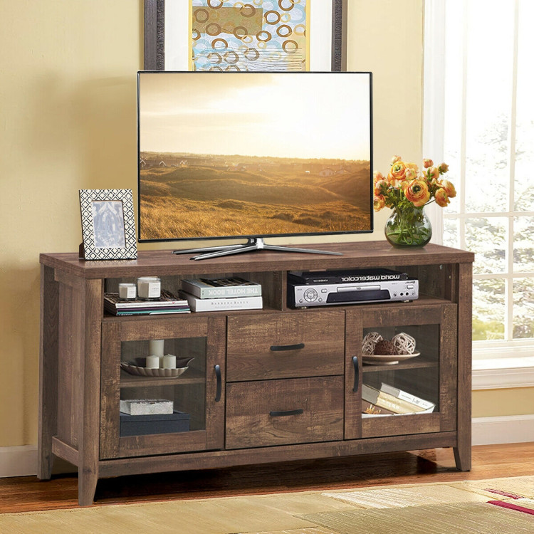Wooden Retro TV Stand with Drawers and Tempered Glass DoorsCostway Gallery View 2 of 12