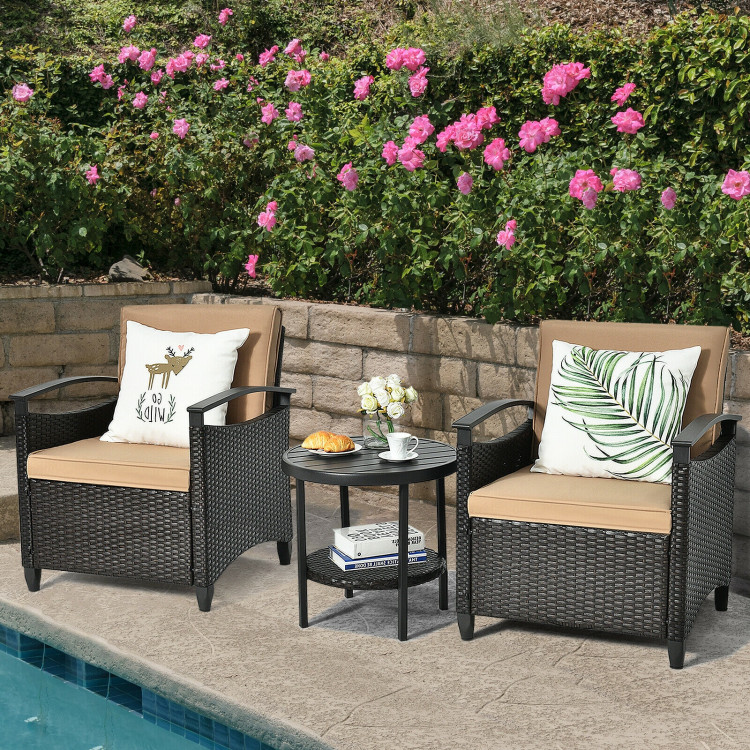 3 Pieces Patio Rattan Furniture Set Cushioned Sofa Storage Table with Shelf GardenCostway Gallery View 4 of 12