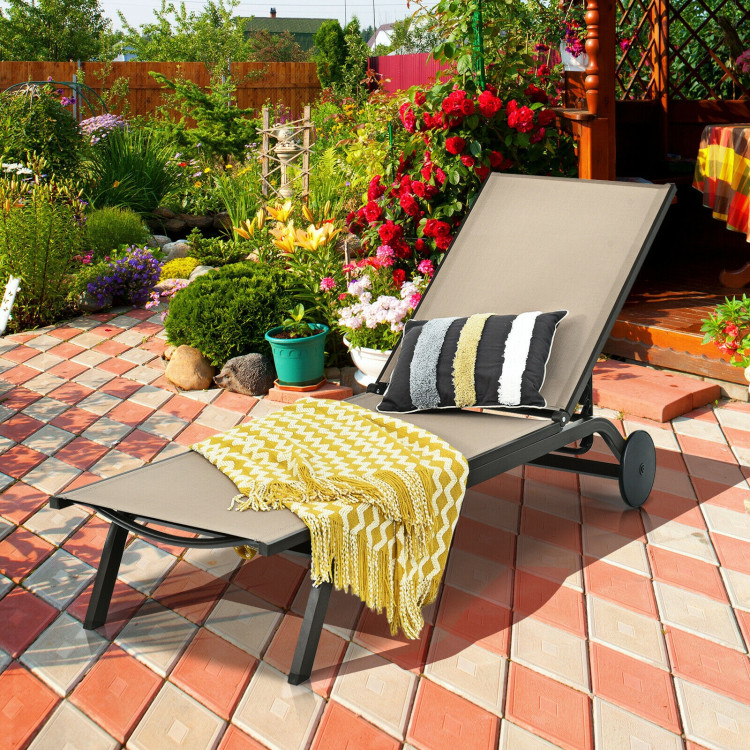 Aluminum Fabric Outdoor Patio Lounge Chair with Adjustable Reclining -BrownCostway Gallery View 7 of 11