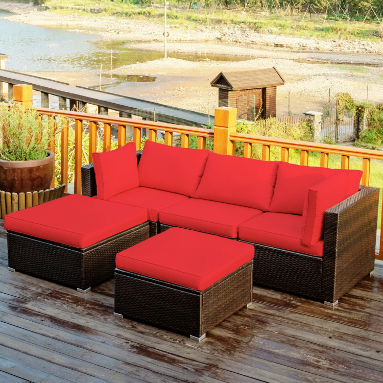 5 Pieces Patio Rattan Sofa Set with Cushion and Ottoman-RedCostway Gallery View 2 of 12