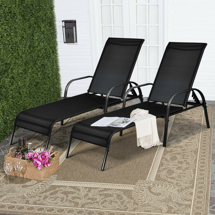2 Pcs Outdoor Patio Lounge Chair Chaise Fabric with Adjustable Reclining ArmrestCostway Gallery View 6 of 11