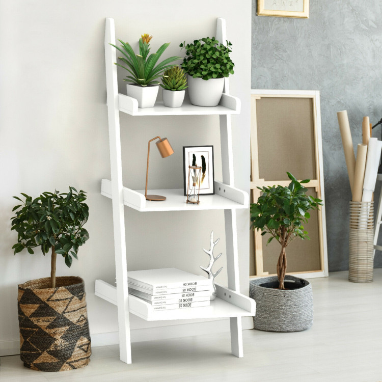 3.7 Ft 3-Tier Wooden Leaning Rack Wall Book Shelf Ladder-WhiteCostway Gallery View 2 of 13