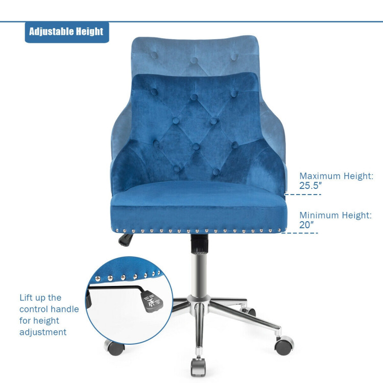 Tufted Upholstered Swivel Computer Desk Chair with Nailed Tri-BlueCostway Gallery View 6 of 10