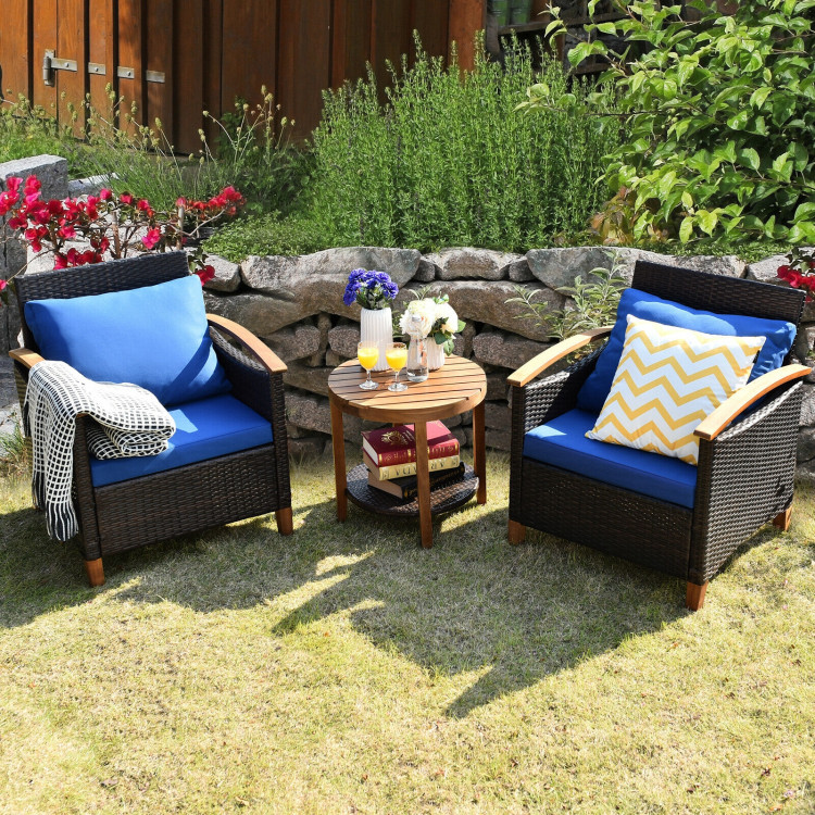 3 Pieces Patio Rattan Furniture Set with Washable Cushion and Acacia Wood Tabletop-BlueCostway Gallery View 6 of 11
