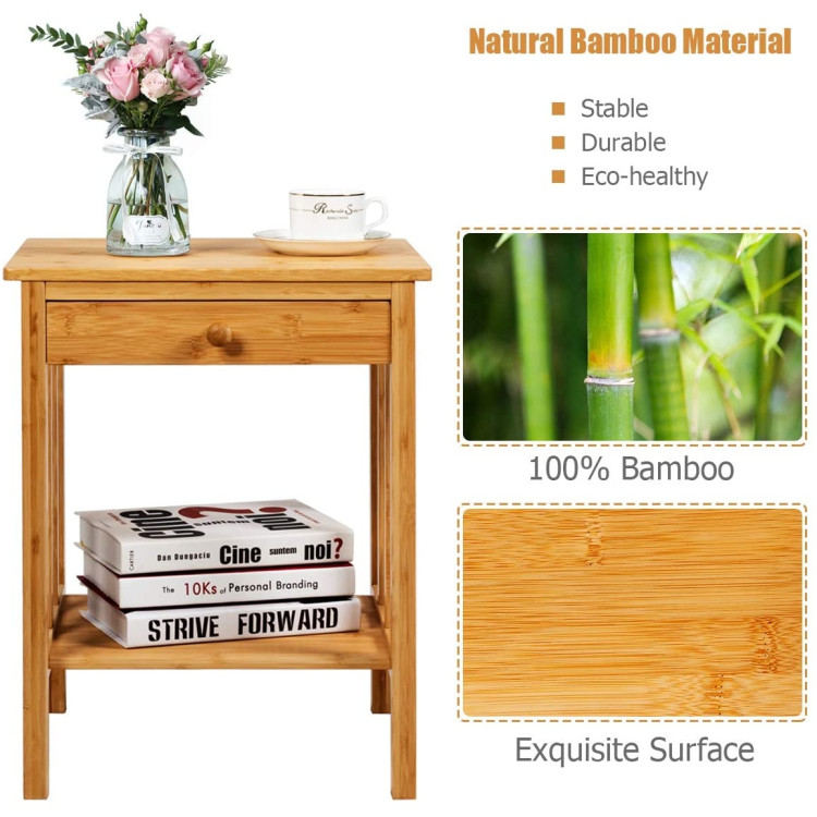 Multipurpose Bamboo End Table  with Drawer and Storage Shelf for Living Room-NaturalCostway Gallery View 6 of 9