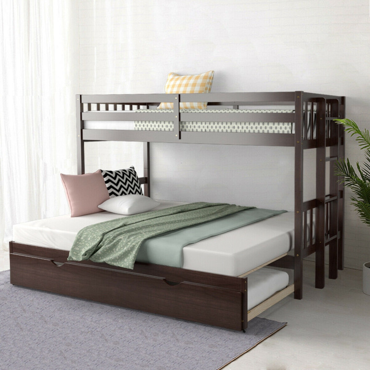 Twin Pull-Out Bunk Bed with Trundle Wooden Ladder-EspressoCostway Gallery View 6 of 11