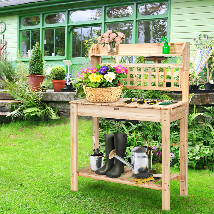 Garden Potting Bench Workstation Table with Sliding Tabletop Sink ShelvesCostway Gallery View 2 of 12