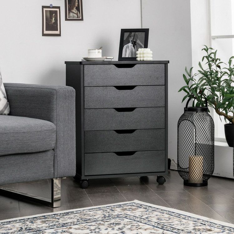 5 Drawer Mobile Lateral Filing Storage Home Office Floor Cabinet with Wheels-BlackCostway Gallery View 2 of 12