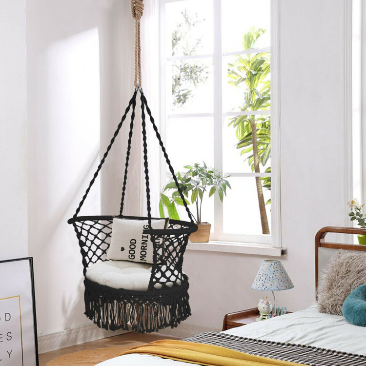 Hanging Hammock Chair with 330 Pounds Capacity and Cotton Rope Handwoven Tassels Design-BlackCostway Gallery View 2 of 11