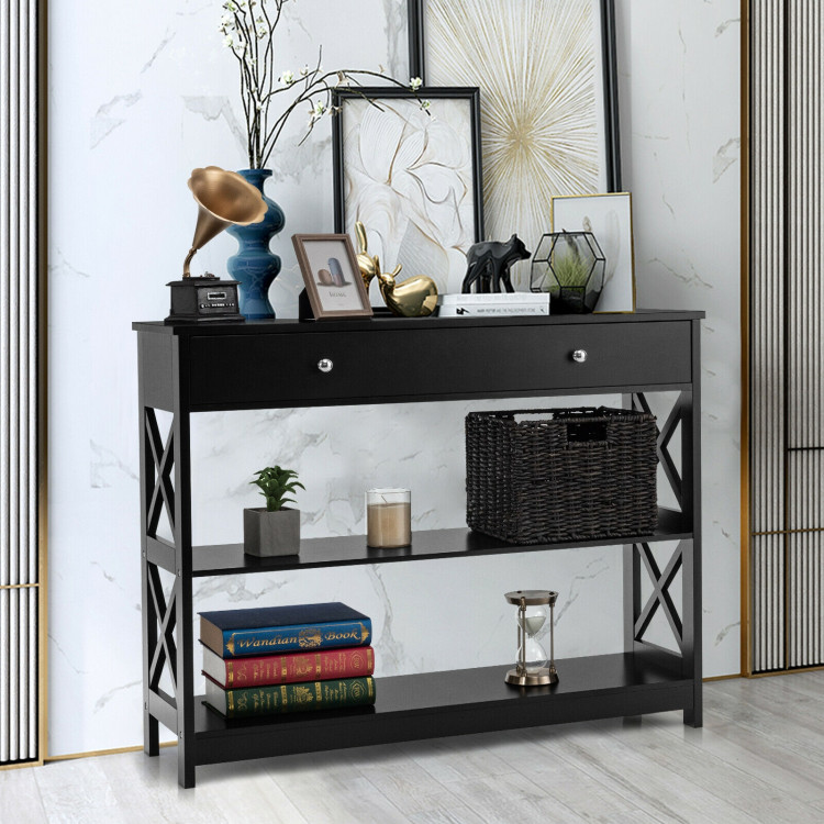 3-Tier Console Table with Drawers for Living Room Entryway-BlackCostway Gallery View 1 of 12