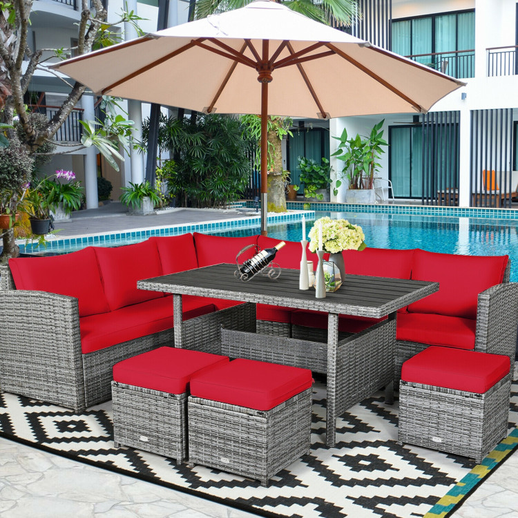 7 Pieces Patio Rattan Dining Furniture Sectional Sofa Set with Wicker Ottoman-RedCostway Gallery View 7 of 11