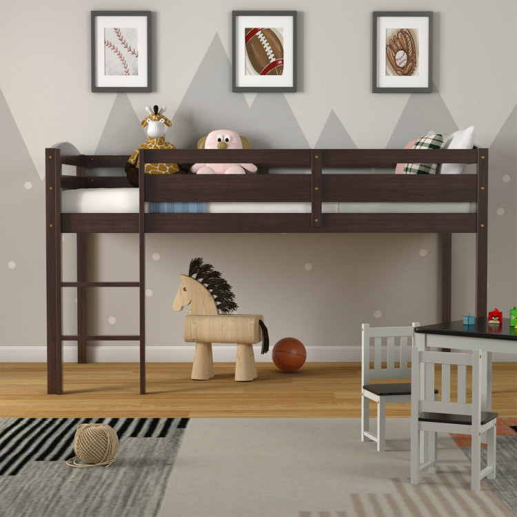 Wooden Twin Low Loft Bunk Bed with Guard Rail and Ladder-EspressoCostway Gallery View 7 of 11