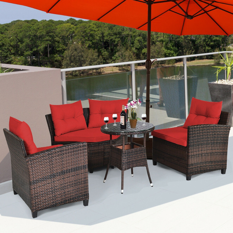 4 Pieces Outdoor Cushioned Rattan Furniture Set-RedCostway Gallery View 7 of 12