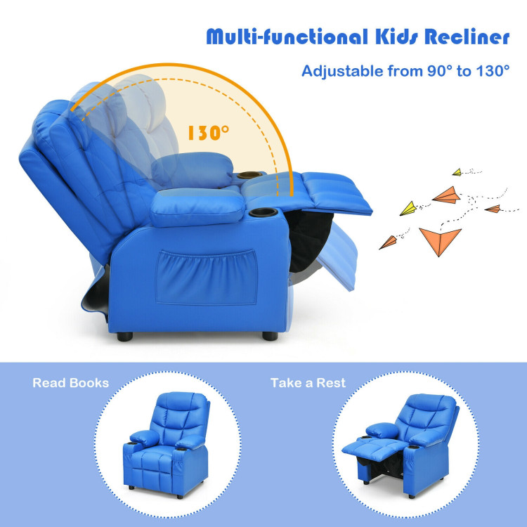 PU Leather Kids Recliner Chair with Cup Holders and Side Pockets-BlueCostway Gallery View 5 of 12