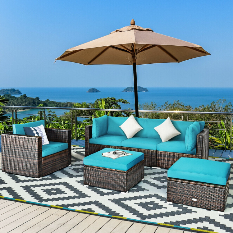 6 Pcs Patio Rattan Furniture Set with Sectional Cushion-TurquoiseCostway Gallery View 6 of 12
