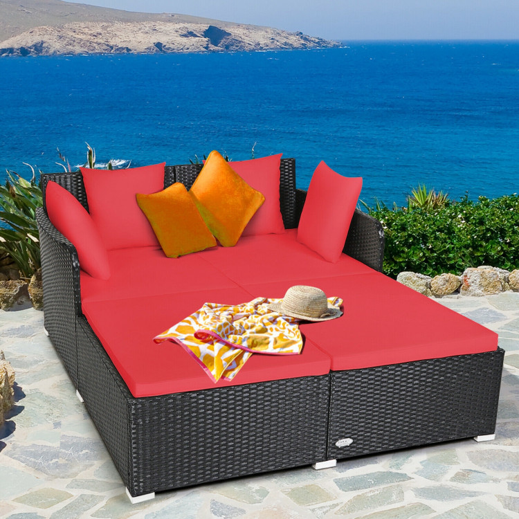 Outdoor Patio Rattan Daybed Thick Pillows Cushioned Sofa Furniture-RedCostway Gallery View 1 of 12