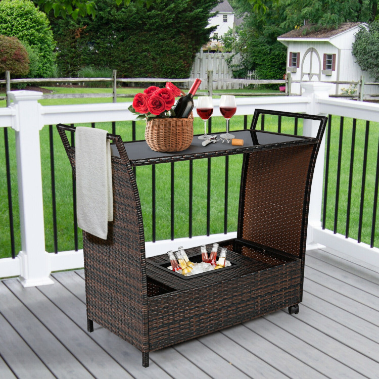 Patio Rattan Bar Serving Cart with Glass Top and HandleCostway Gallery View 7 of 12