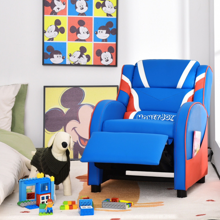Kids Leather Recliner Chair with Side Pockets-BlueCostway Gallery View 2 of 12