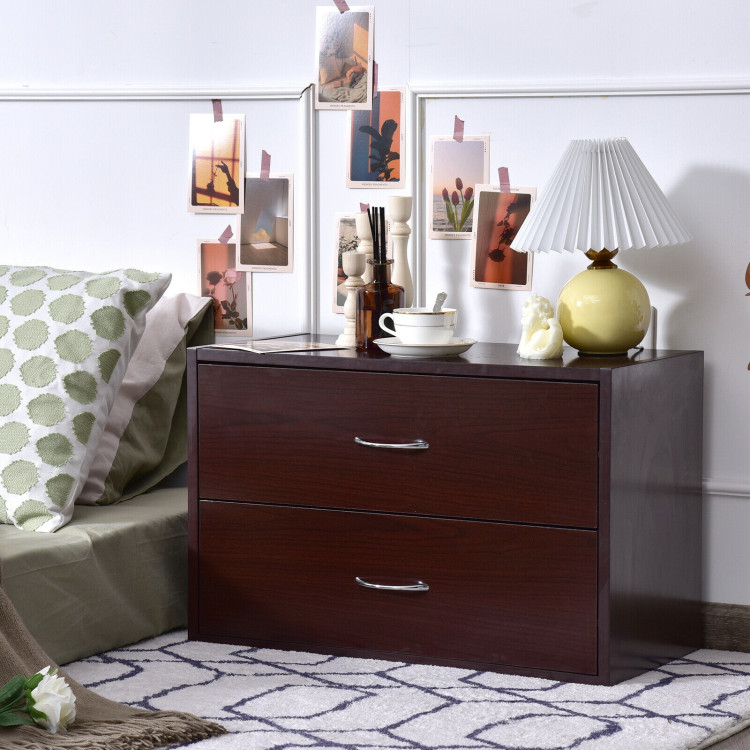 2-Drawer Dresser Horiztonal Organizer End Table Nightstand with Handle Wood-BrownCostway Gallery View 2 of 12