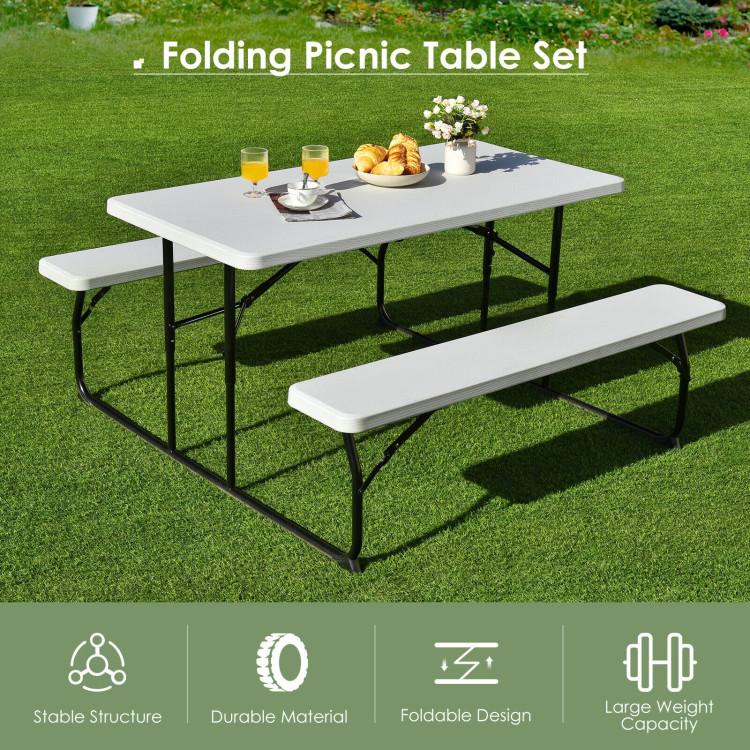 Indoor and Outdoor Folding Picnic Table Bench Set with Wood-like Texture-WhiteCostway Gallery View 2 of 11