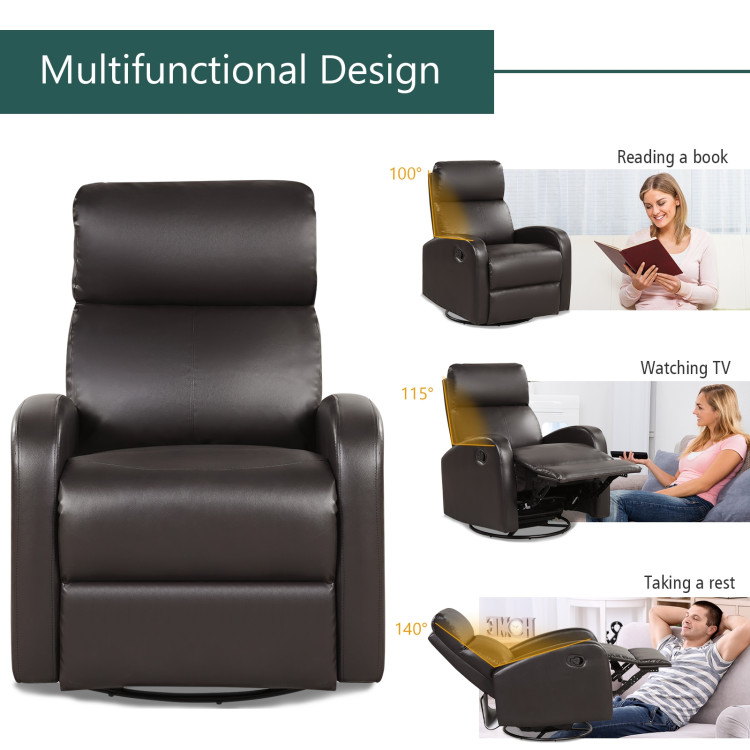 Leather Recliner Chair with 360° Swivel Glider and Padded Seat-BrownCostway Gallery View 5 of 12