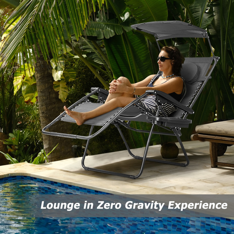 Folding Recliner Lounge Chair with Shade Canopy Cup Holder-BlackCostway Gallery View 3 of 10