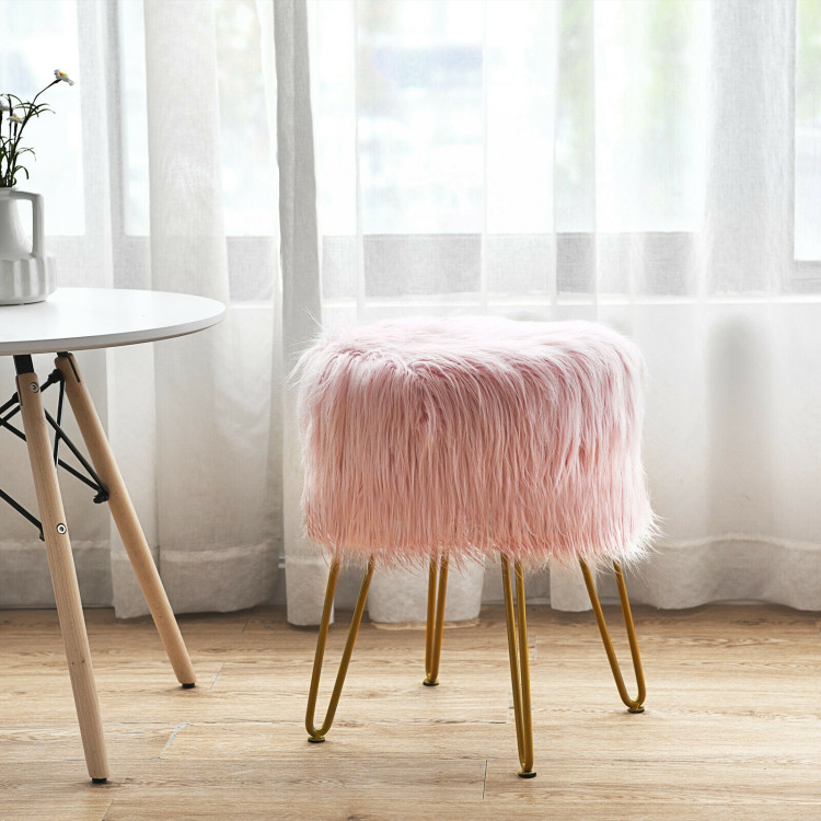 Faux Fur Vanity Stool Chair with Metal Legs for Bedroom and Living Room-PinkCostway Gallery View 7 of 11