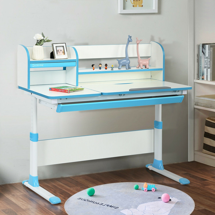 Adjustable Height Study Desk with Drawer and Tilted Desktop for School and Home-BlueCostway Gallery View 7 of 12