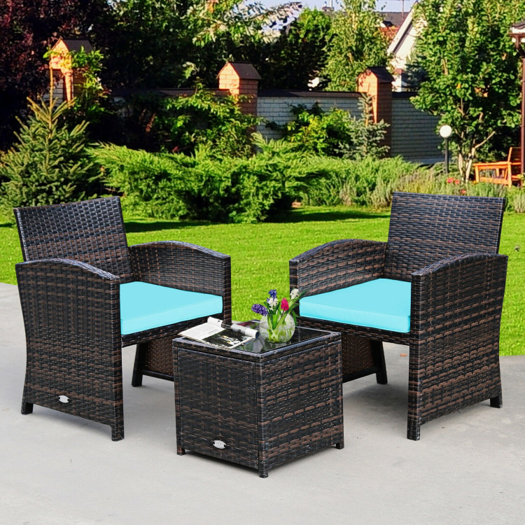 3 Pieces PE Rattan Wicker Furniture Set with Cushion Sofa Coffee Table for Garden-TurquoiseCostway Gallery View 8 of 12
