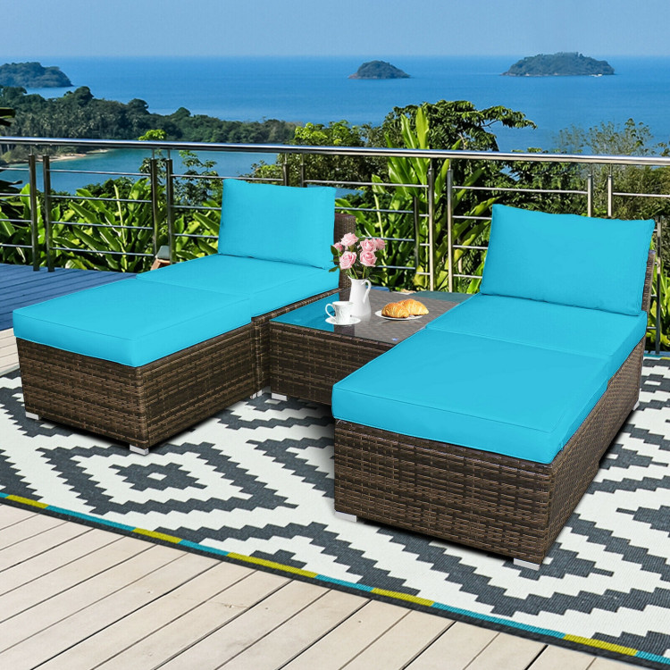 5Pcs Patio Rattan Wicker Furniture Set Armless Sofa Ottoman Cushioned-TurquoiseCostway Gallery View 6 of 12
